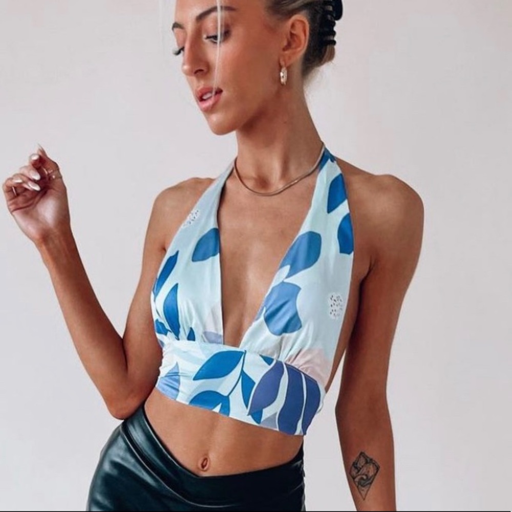 Madida Clothing Blue and Purple Floral Silk Halter Crop Top